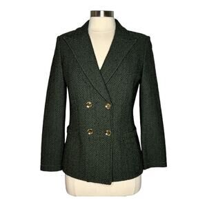St John Blazer Green Black Jacket Textured Double Breasted Wool Blend Size 6